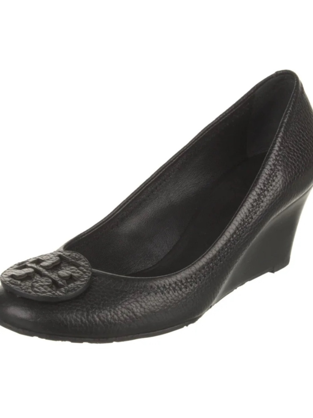 Tory Burch - Sally - Black Tumbled Leather Wedges w/Logo Medallion - NEW - Picture 1 of 8